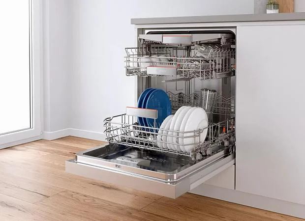 Dishwasher with open door showing clean dishes